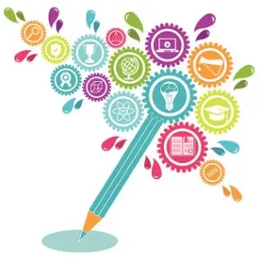 Colorful gears and a pencil illustrating learning and curriculum