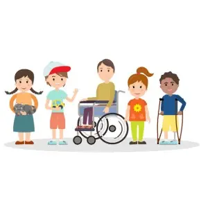 Illustration of children of different abilities standing together, including a child using a wheelchair