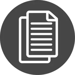 Grey circle with white paper outlines inside of it. 