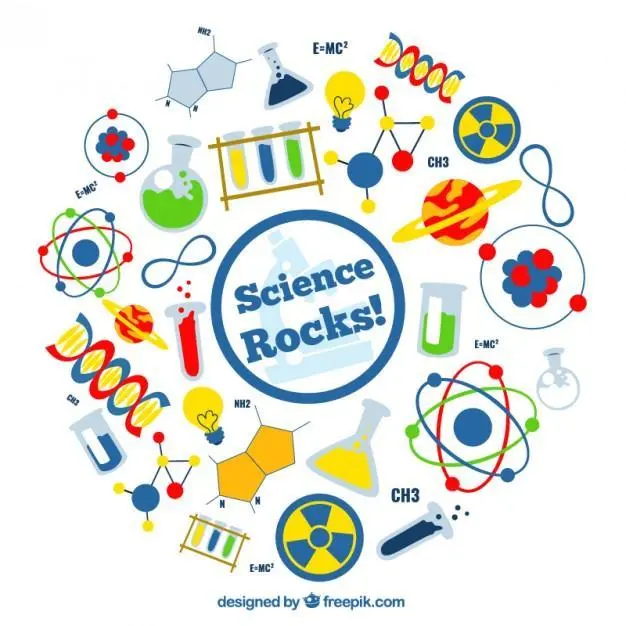 Image with scientific items saying Science Rocks!
