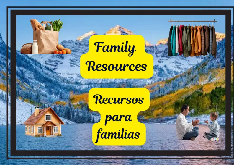 An informational poster titled "Family Resources / Recursos para familias" set against a scenic mountain and lake background, surrounded by icons representing basic needs: groceries, a clothing rack, a house, and a father and child.