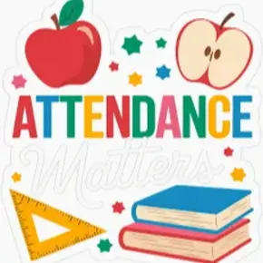 The word attendance with a picture of an apple, books, and ruler.