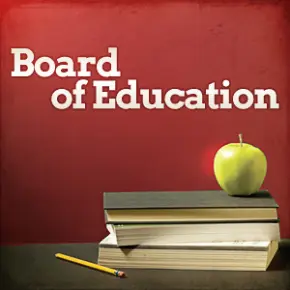Text saying Board of Education with stack of books, a pencil and an apple underneath.