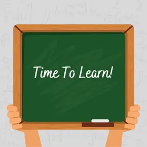 Green chalkboard with "Time To Learn!" written on it, held by two hands.