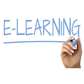 "E-LEARNING" written in blue with a hand holding a marker.