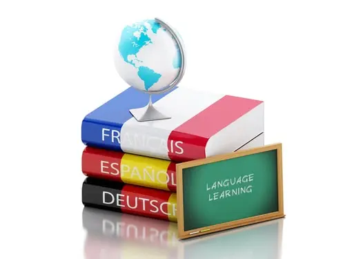 books teaching French, Spanish, and German with a globe and chalkboard