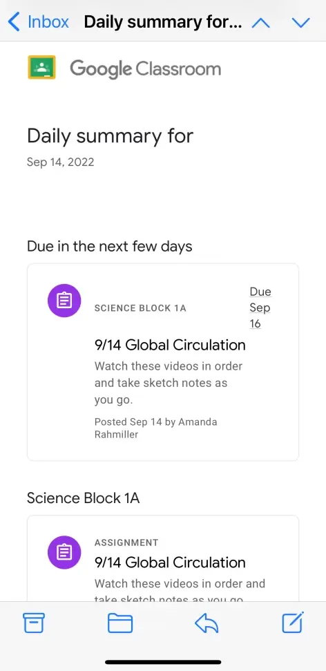 Sample of Daily Summary email from Google Classroom
