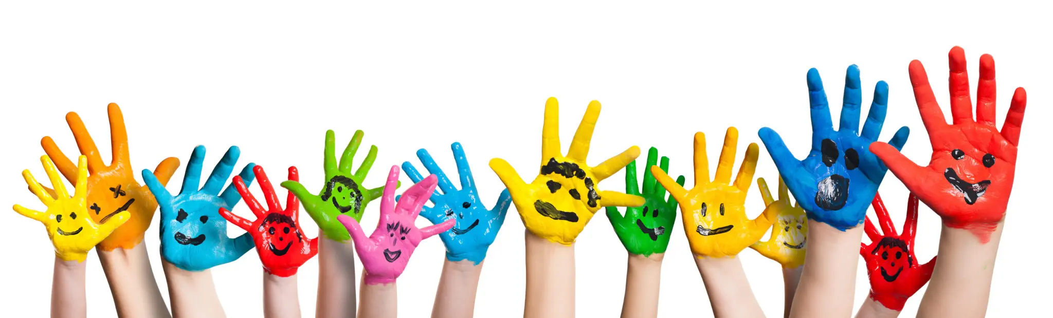 kids hands painted with smiley faces