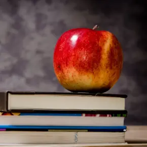 Apple sitting on a stack of books in front of a chalkboard