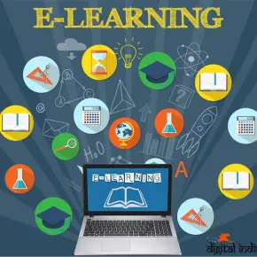 laptop shows e-learning on screen background is bubbles with academic icons