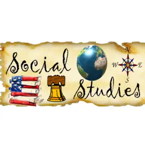 illustration of papyrus with books, liberty bell, Earth, and a compass for social studies