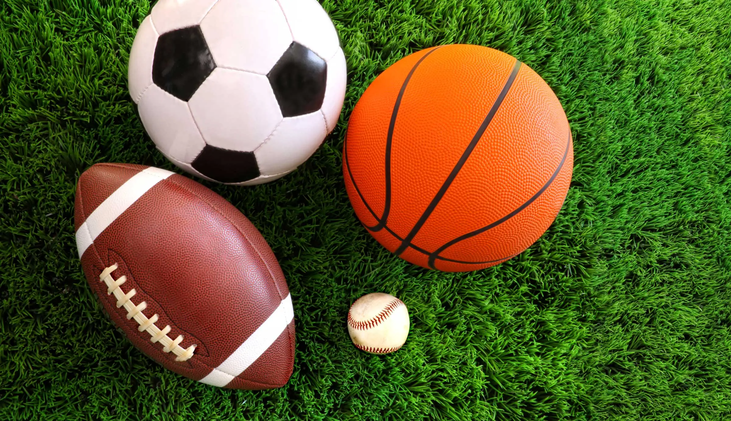 Various sports balls on grass.