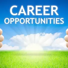 Hands opening wooden doors onto a sunny field under the words Career Opportunities