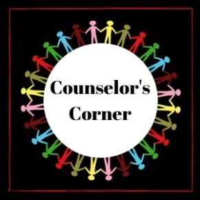 Counselor's Corner sign surrounded by a ring of colorful paper figures holding hands