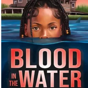 Book cover with title: "Blood in the Water" and a young girl with her head popping out of water.