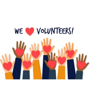 hands with hears and the words We heart volunteers! 