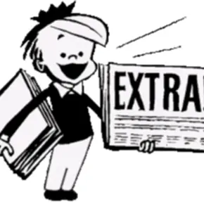 Cartoon of a 1930s style paper boy holding a sign that says "Big News"
