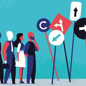 colored image of people trying to make a decision.