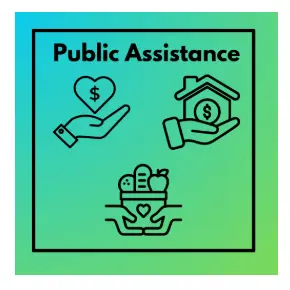 Text: Public Assistance GraphicS: a hand holding a heart with a $, a hand with a house, hands holding a food basket
