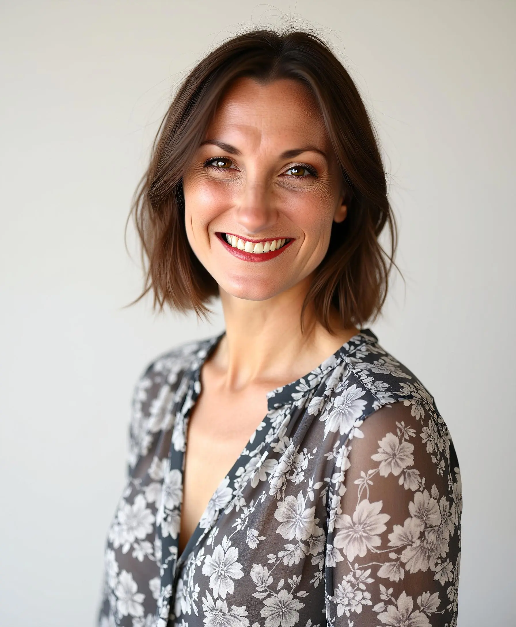 A woman with shoulder-length brown hair smiles warmly at the camera. She is wearing a black, sheer blouse with a floral pattern and has a natural, bright expression against a neutral background.